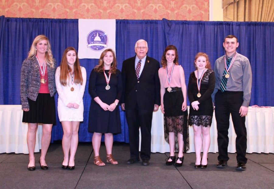 Here are the Park County gold medalists of the Congressional Award. Sydney Horton  and Alex Aguirre and Rylee Ramsey are students from Powell High School.  From left  are Kendra Ostrom, Claire Ostrom, Sydney Horton, Sen. Mike Enzi, Rylee Ramsey, Adelle Ostrom and Alex Aguirre.