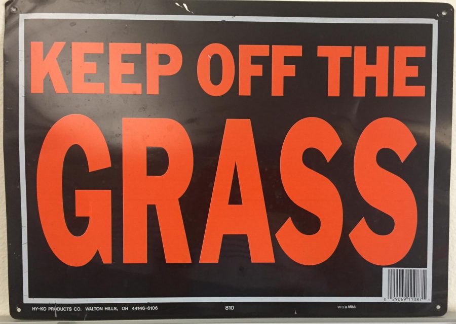 This Keep off the Grass sign, which hangs in Mr. Vin Cappiellos classroom, constitutes his anti-drug message to students.