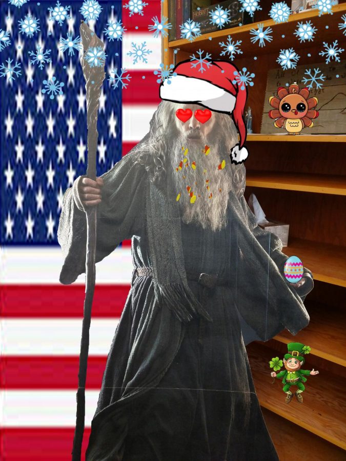 A digitally altered Gandalf cutout demonstrates the many holidays that companies advertise too early. 