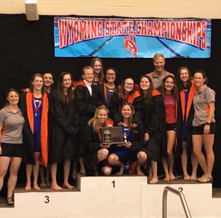 +The+Lady+Panther+swim+team+displays+their+second-place+plaque+at+State+Swimming+and+Diving+in+Laramie+on+Nov.+3.