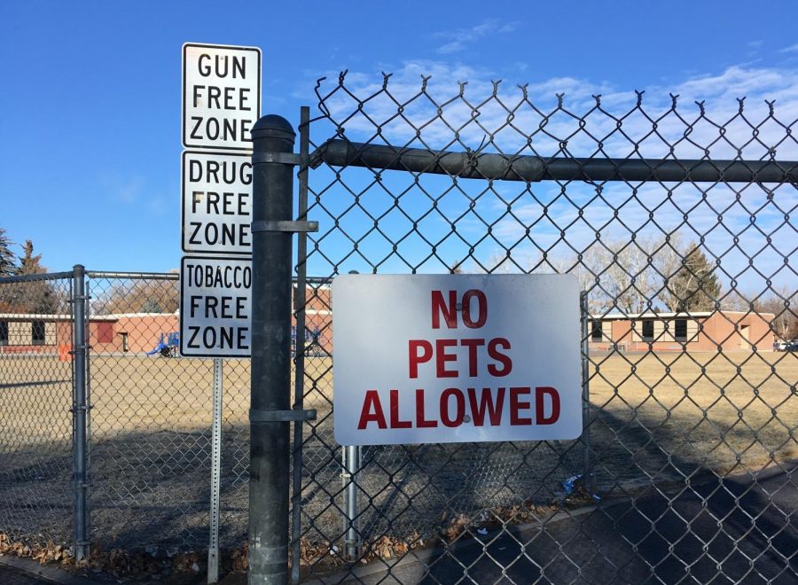 Of the signs are posted at Parkside Elementary School is one to make the public aware of the new regulation involving pets on school grounds.