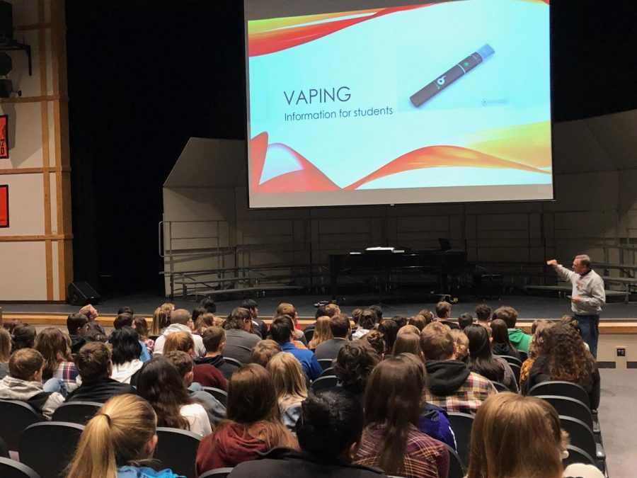 PHS Principal Mr. Jim Kuhn makes a point about vaping to the senior class during an assembly Nov. 30