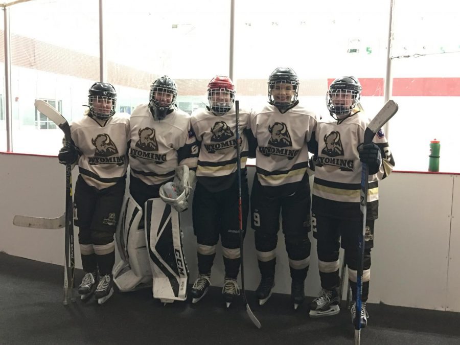 Park County Ice Cat players represent Wyoming in the Chicago Girls MLK Day Tournament in Romeoville, Illinois. Pictured from left is Kennedi Johnson of Meeteetse, Kayla Kolpitcke of Powell,  Jessica Shankle of Cody, Samantha McCain of Casper, and Kamden Harris of Cody.