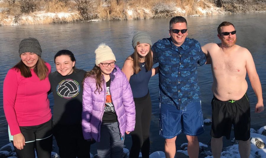 (From left) Jamie Bessler, Maya Landwehr, Brooke Besler, Scott Landwehr, Abby Landwehr and Casey Schatz prepare to brave the frigid waters of the Shoshone River during the 5th annual Freeze for Diabetes on Jan. 1.
