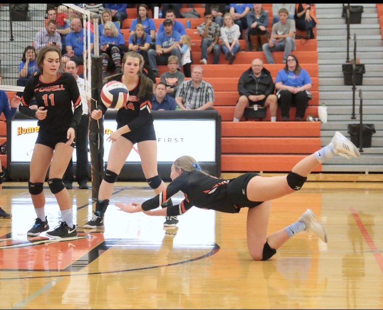 Senior Aubrie Stenerson dives for the ball in a home volleyball game earlier in the school year