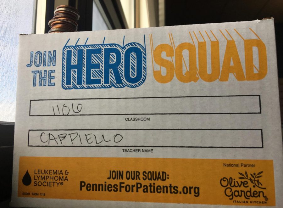 One+of+the+many+Pennies+for+Patients+donation+boxes+sits+in+Mr.+Cappiellos+room.+