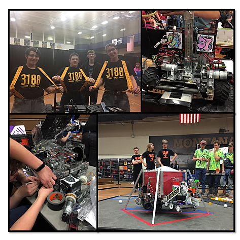 Tristin Willet (top left), Caden Sherman, and Alan Merritt, all members of team 3188, pose while Gus Miller, team member of 6437, photobombs; (bottom left)  Team members of 10541, Nate Belmont and Zach Griffin work on their robot; (top right) Team 6437s robot; (bottom right) Ian Tillotson, Riley McKeen, and David Waite team members of 10731 wait for referees to show them their scores after finishing a match.