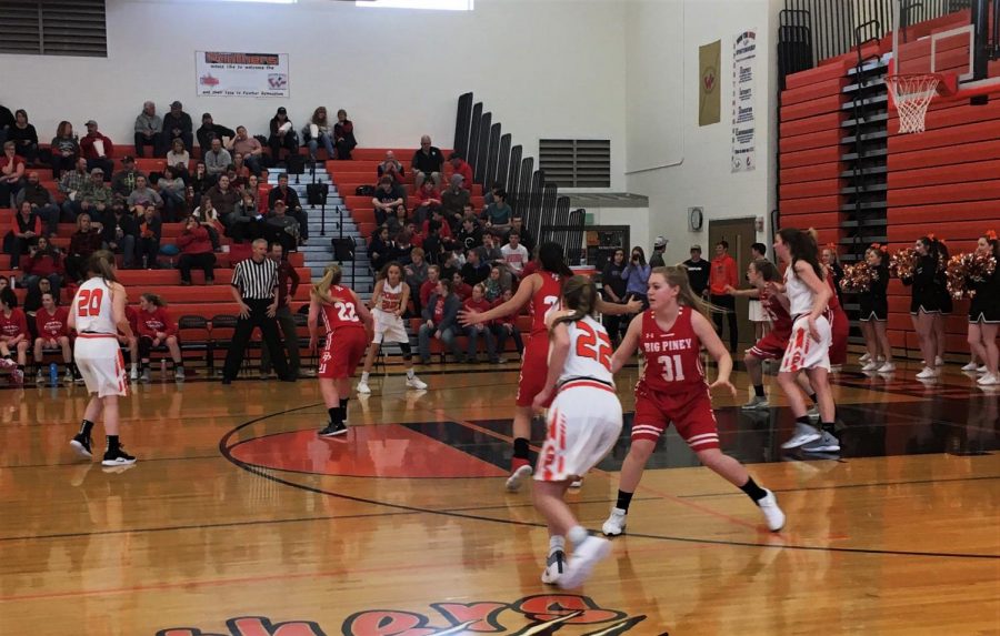The Powell Lady Panther basketball team runs through a play against the Big Piney Lady Punchers Feb. 2.