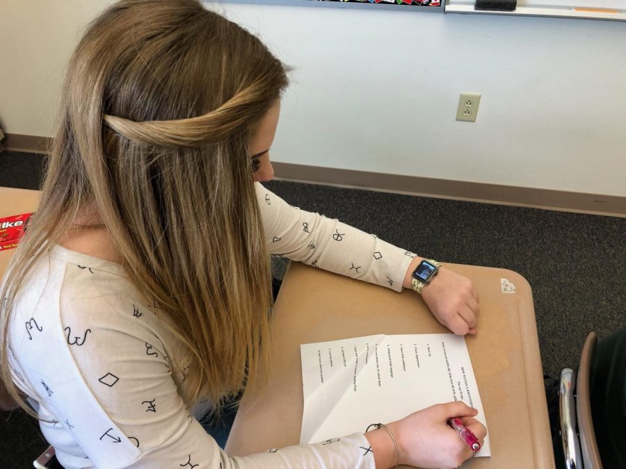 Senior McKennah Buck depicts what it might look like if a student uses their Apple Watch to get an unfair advantage on an assignment. More and more students are using smart watches to cheat in class.  