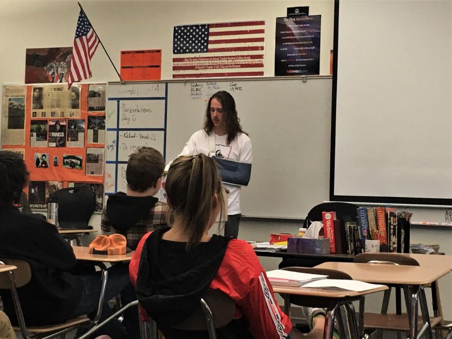 Senior Trent Dicks presents his lyrical analysis speech and video to Mr. Vin Cappiello’s first period English For College 2 class. 