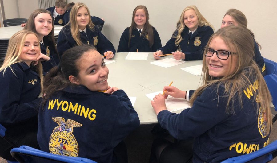 (Clockwise from top middle) Natalie McIntosh, Riley White, Sarah Hampton, Payten Feller, Beth Brazleton, Morgan Schmidt, Madi Harvey and Whitney Jones participated in the Quiz Bowl competition at state FFA. 