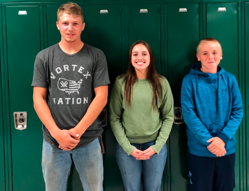  Prowl reporter Lauren Lejeune stands between senior Bo Dearcorn and freshman Jacob Orr to show the height difference between the classes.
