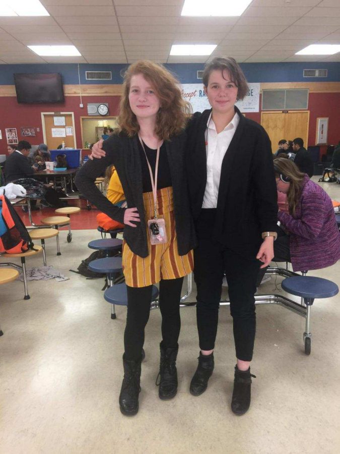 Sophomore Lucy Jane Crimm (left) and senior Courtney Childers pose at the Worland Novice Tournament Nov. 9.
