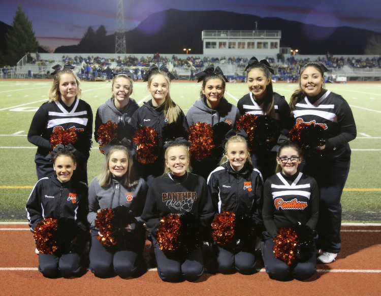 PHS cheerleaders pose at the semi-final football game in Cody on Nov. 8   including: (front, from left) freshman Vanessa Richardson, junior Mia Baxter, sophomore Rylee White, sophomore Morgan Schmidt, freshman Alexa Nardini, freshman Kylie Carter, freshman Madi Black, sophomore Bayley Kokkeler, sophomore Lorena Vazquez, sophomore Josseline Mendoza, and senior Scarlette Mendoza. 