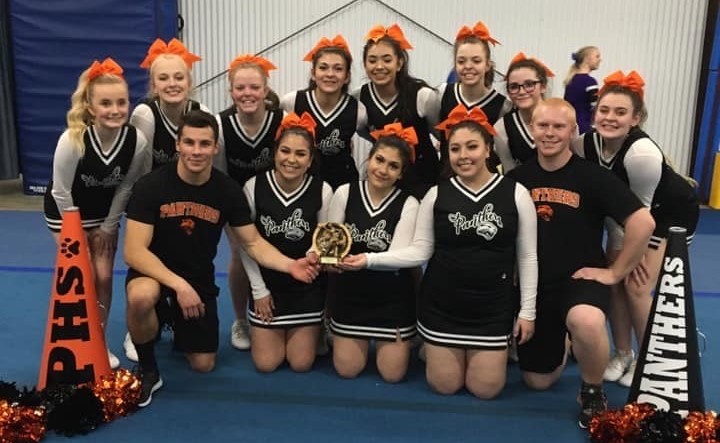 The PHS cheer team poses with their first place trophy after the Game Day competition in Cody on Feb. 15. (back, from left) Sophomore Morgan Schmidt, sophomore Rylee White, junior Kaydee Black, sophomore Lorena Vazquez, sophomore Josseline Mendoza, freshman Madison Black, freshman Alexa Nardini and junior Mia Baxter. (front, from left) Senior Brody Karhu, senior Kailey Jurado, senior Luci Abarca, senior Scarlette Mendoza and junior Geordan Weimer.