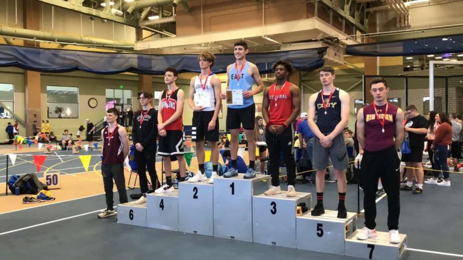 PHS+senior+Dylan+Preator+stands+on+the+podium+at+the+Wyoming+State+Indoor+Track+Meet+that+took+place+on+March+6-7.+Preator+took+second+in+the+boys+triple+jump+with+a+jump+of+43%E2%80%99+4.5%E2%80%9D.+He+was+also+named+to+the+Wyoming+All-State+Team.+