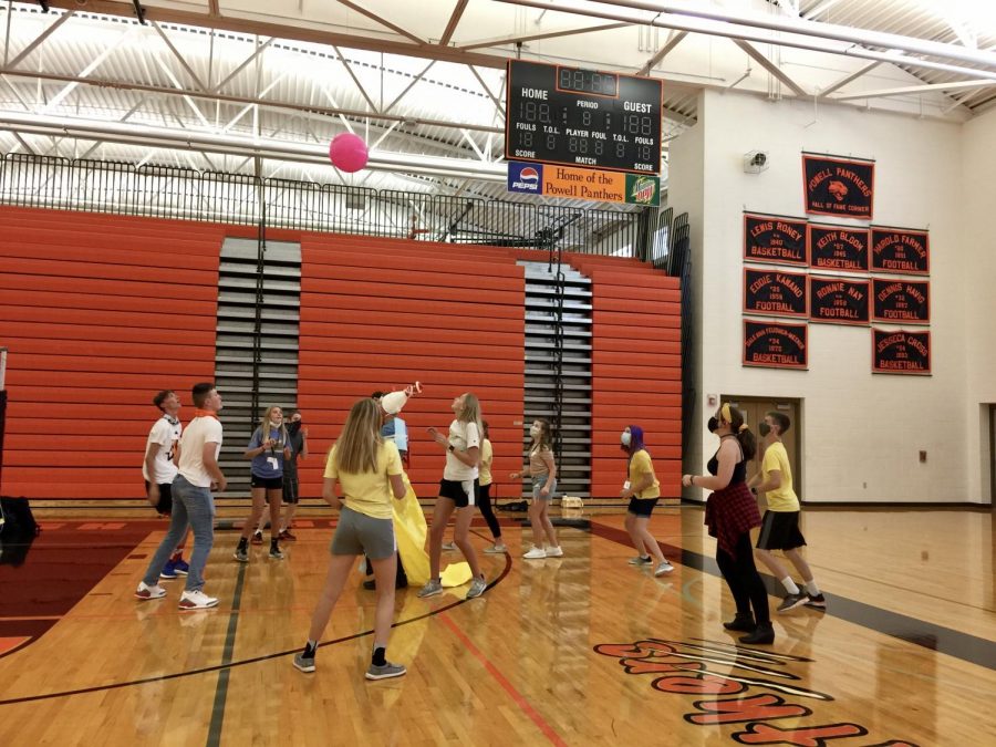 PHS freshmen work together to keep the ball in the air during a team game.