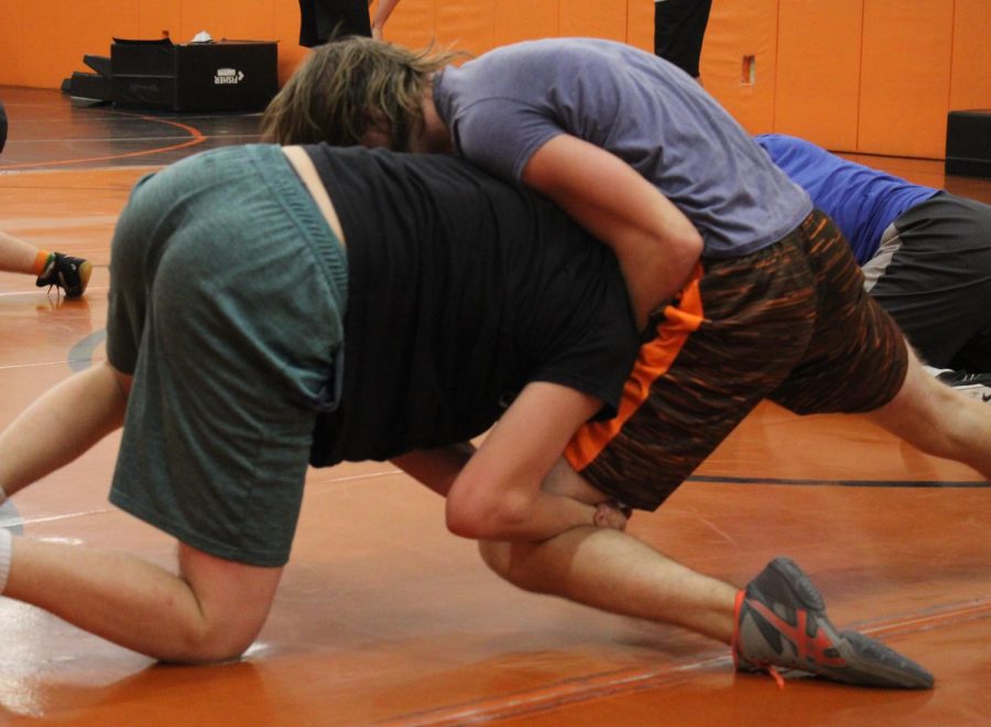 Sophomores Weston Thomas and Drew Valdez engaged in a wrestling match Nov. 12 during open mat.