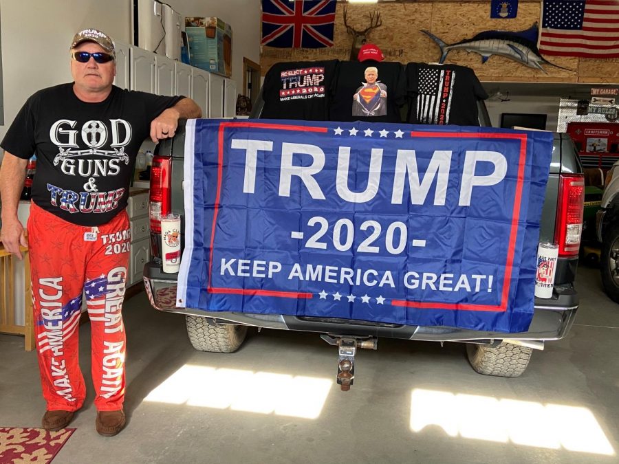 Powell resident and Trump supporter Rich Crane proudly displays his extensive collection of Trump merchandise.