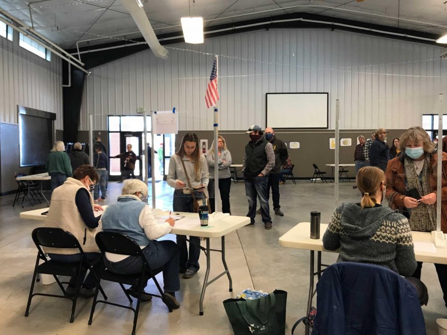 People wait in line at the Park County Fairgrounds to vote in the general election.