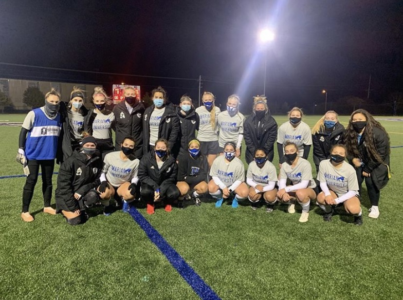 Marian University’s Soccer team, stands together for a photo. Just recently, the team started their practices and competed in scrimmages against one another.
