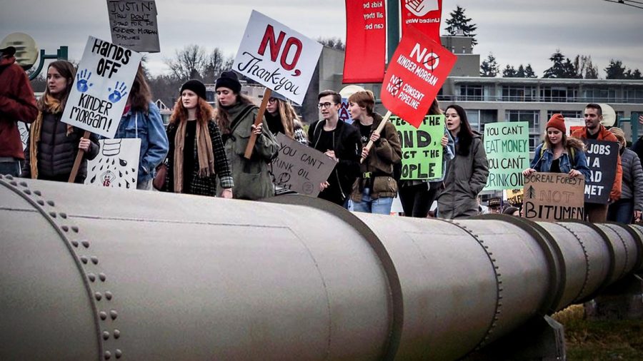 Protesters line up next to the Kinder Morgan Texas Pipeline, which is designed to transport up to 2.1 Bcf/d of natural gas through approximately 430 miles of 42-inch pipeline from the Waha Hub in West Texas to the U.S. Gulf Coast and Mexico markets. A few of their signs read, “No, Thank you.” “Hands off, Kinder Morgan!” “You can’t eat money, you can’t drink oil.”
