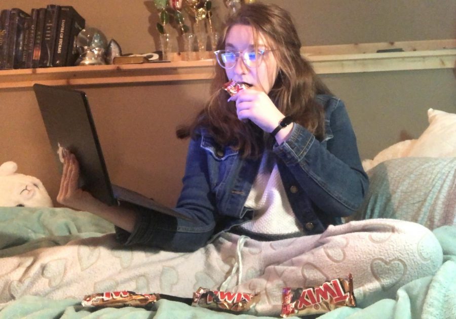 Prowl copy editor and reporter Bailey Phillips demonstrates a typical day in quarantine; only dressed from the waist up and seated on a bed littered with Twix wrappers, she attends a Zoom meeting.