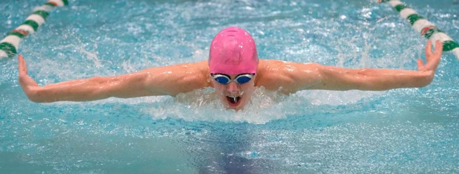 Junior Nate Johnston swims butterfly stroke in the 200 individual medley at the Feb. 5 3A West conference. Johnston placed 3rd in the 200 IM with a time of 2:07.22. 