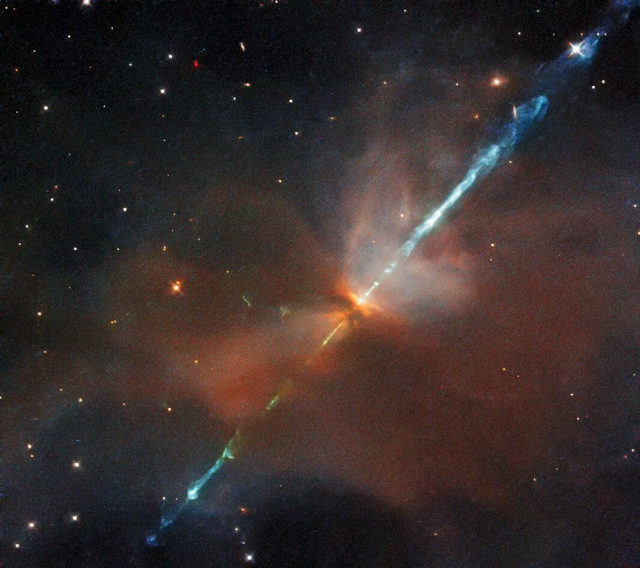 A photograph of a Herbig-Haro object taken by the Hubble, shoots narrow jets of ionized gas.
