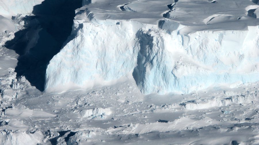 Thwaites Glacier resides in western Antarctica. The ice shelf is the broadest of the Antarctic glaciers and is facing rapid melting due to warmer waters. 