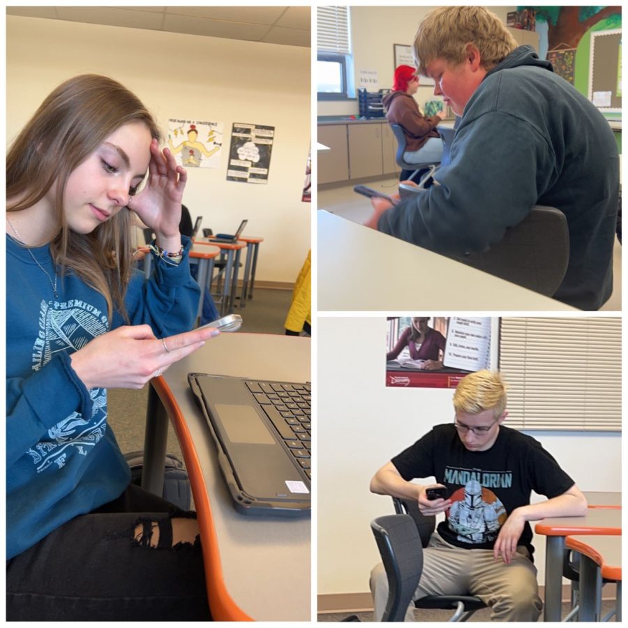 (Big picture) sophomore Anna Smith, (top right) Simon George and (bottom right) Jonathan Hawley use their phones during class.