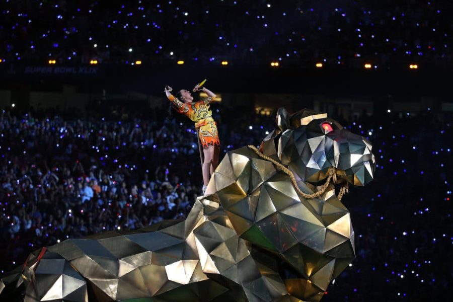 Katy Perry atop a mechanical lion during her performance of “Roar” at the 2015 Super Bowl halftime show.