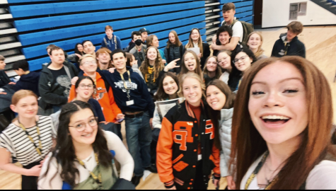  A group selfie of the PHS band is taken on the first day of District Music Performance Assessment on April 11.