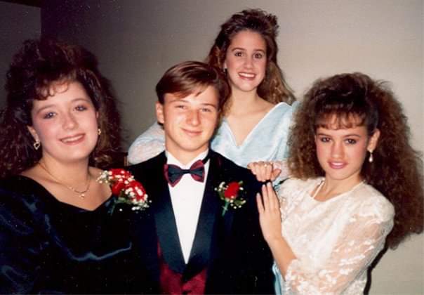 Journalism advisor, Mrs. Amy Moore (far right), enjoys her night with friends during the 1989 Drill Team Dance.