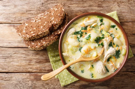 Pictured here is a hearty bowl of chicken and gnocchi soup.