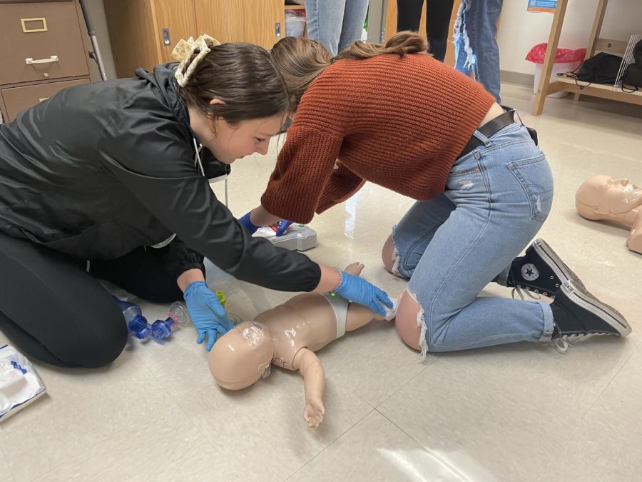 Students from the CNA course practice CPR, as seen with junior Maya Landwehr performing the procedure on a test baby.