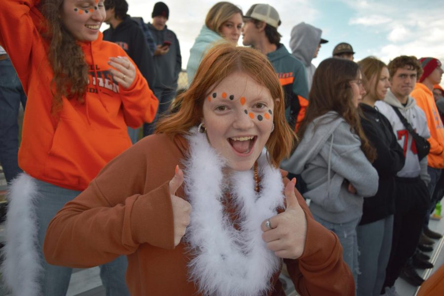 PHS Junior Bailee Sherman gives a thumbs up in honor of being captured as displaying the fan spirit of Powell. 