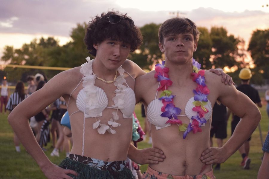 PHS Juniors Joe Bucher and Jimmy Dees (left to right) show off their tropical team spirit for the annual games of Buff Puff. 