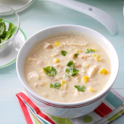 Pictured is a hearty bowl of creamy white chicken chili.
