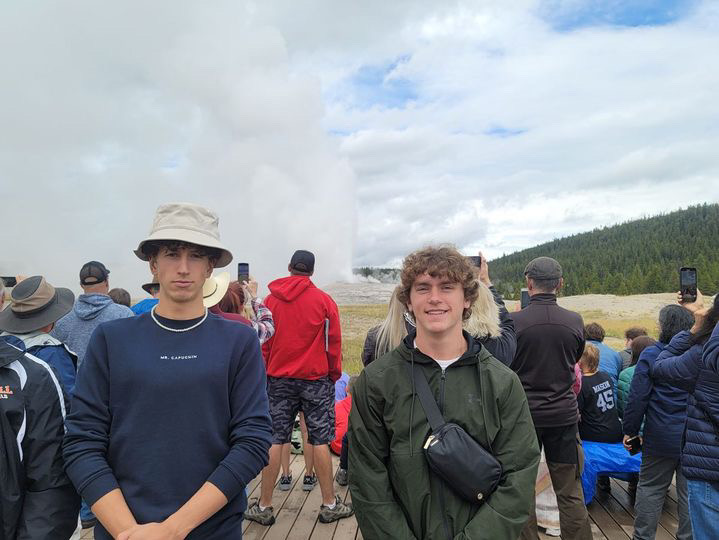 Gabe Weimer and Sondre Furuhaugh tour  Yellowstone, seeing the sights of one of the iconic landmark in the Wyoming park, Old Faithful.