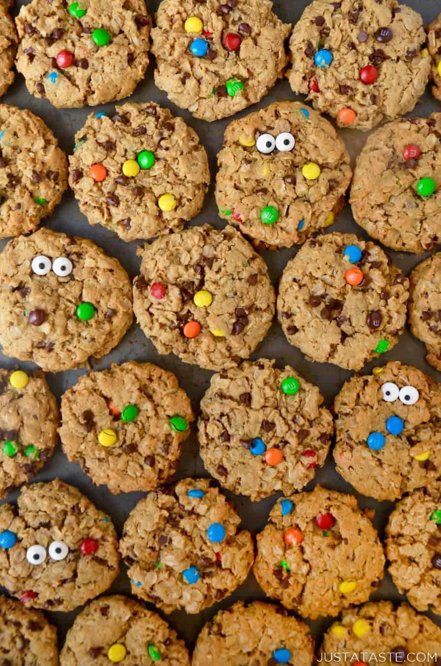 Pictured here are many colorful and crunchy monster cookies.