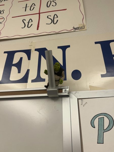 Shrek hanging from the flag pole, watching the students work.