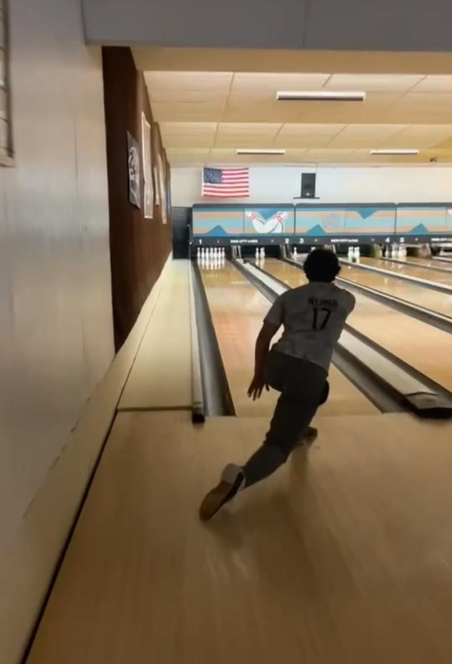 Sophomore Gabriel Weimer doing his best during the bowling reward
