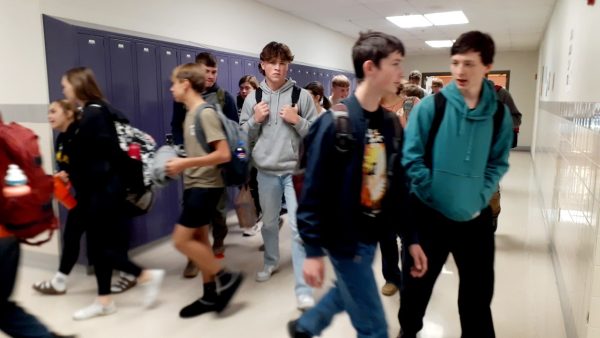 Students enter the purple pod hallways after lunch on Wednesday.