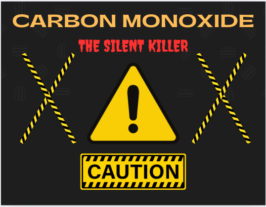 A flier containing warning and hazard signs regarding carbon monoxide is displayed above.