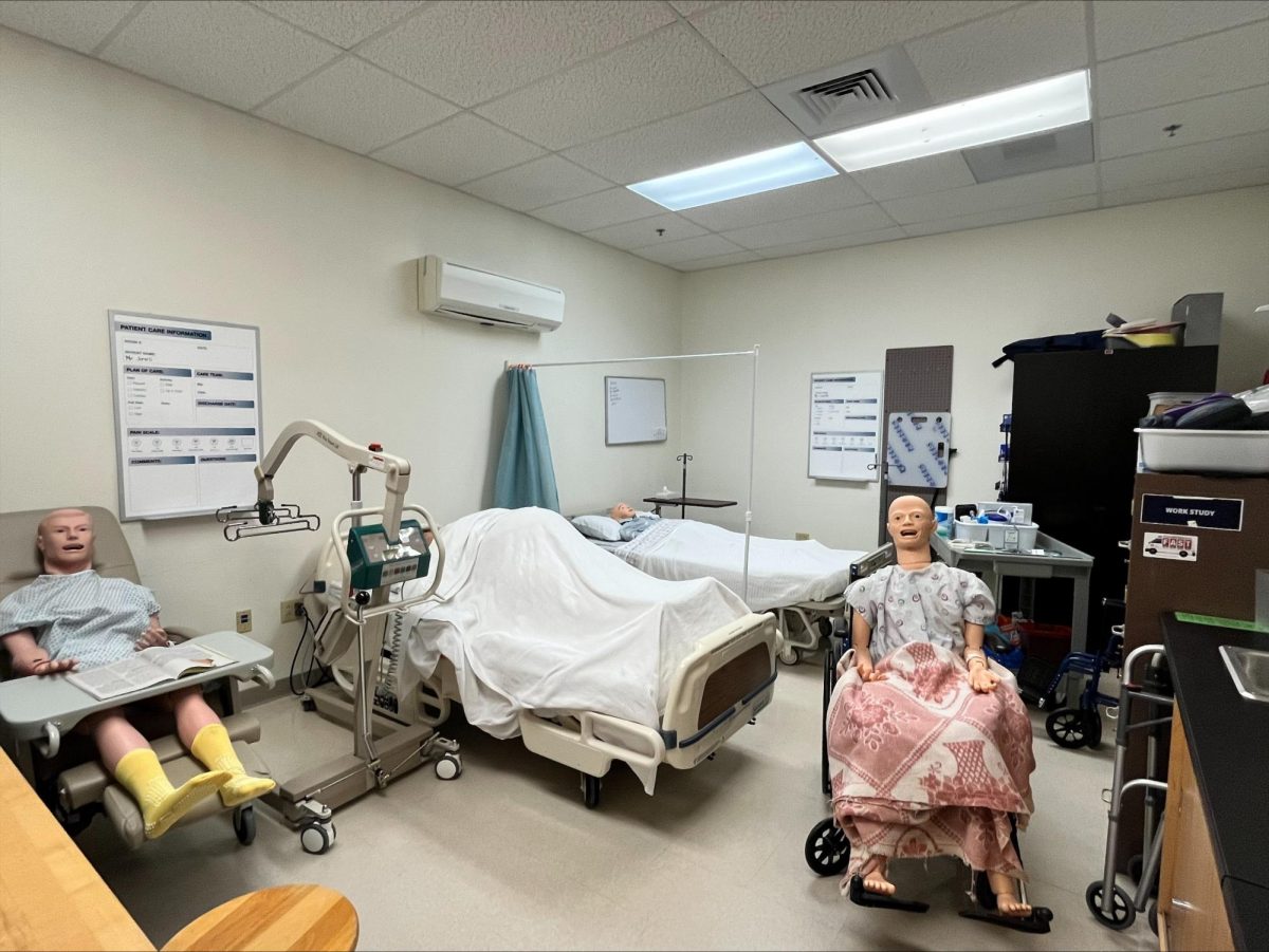 The mock care room in Mrs. Bennett’s classroom has been almost entirely funded by the Perkins Grant. 
