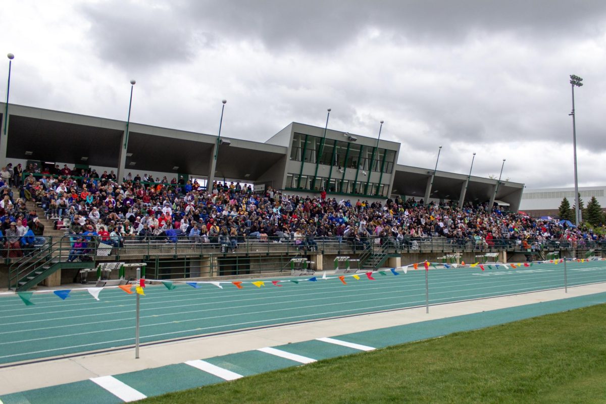 Kelly Walsh stadium is filled to the brim with spectators at the 2025 Wyoming State Track and Field Championships.