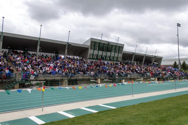 Kelly Walsh stadium is filled to the brim with spectators at the 2025 Wyoming State Track and Field Championships.