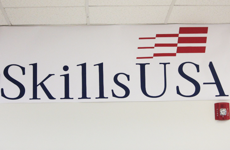 SkillsUSA championship banners hang on the wall near the culinary arts room.