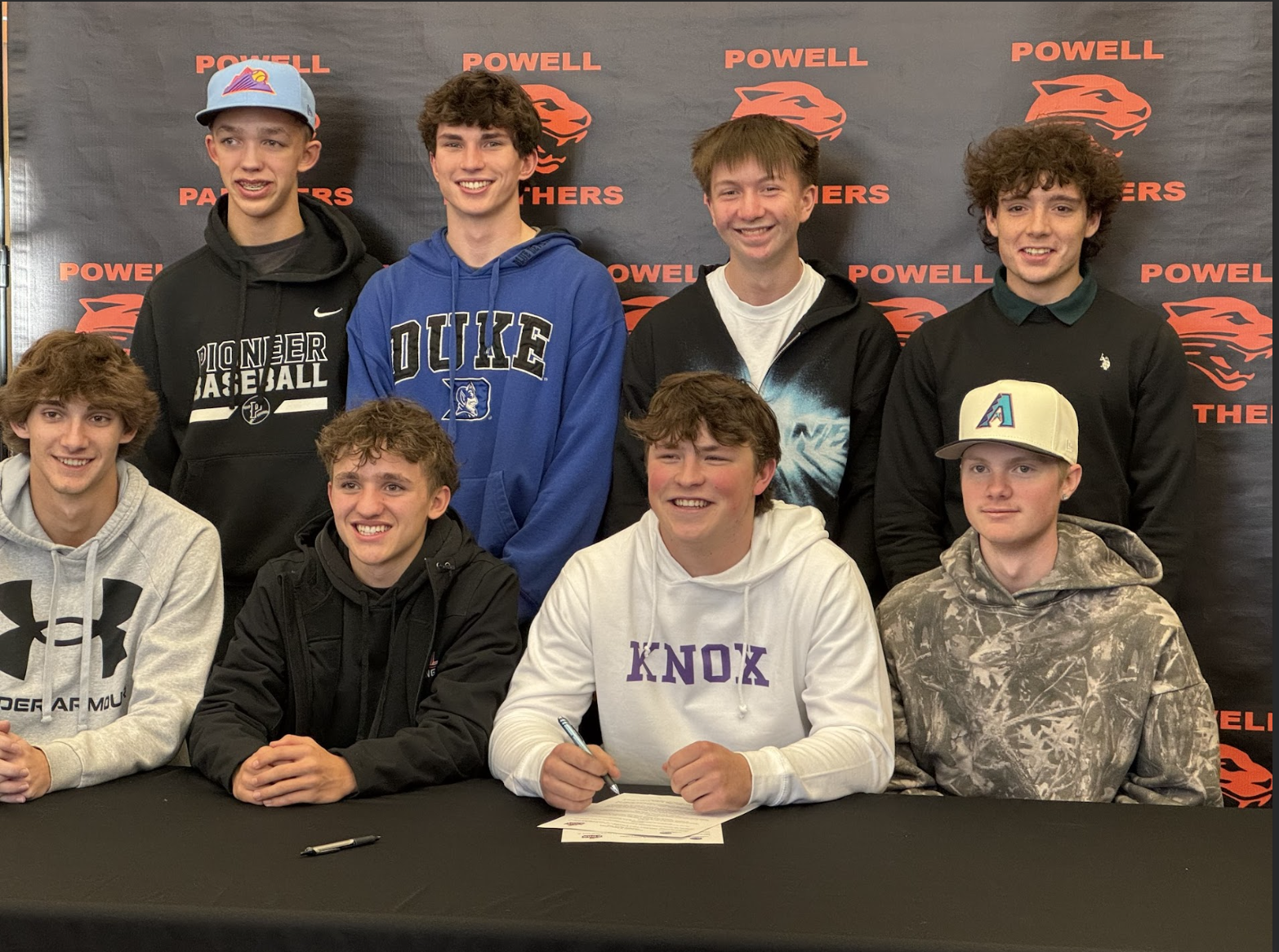  Dominik Bieber and his baseball teammates celebrate his signing to Knox College in Illinois. Pictured front L-R: seniors Kolby Gates, Talon Nuss, Dominik Bieber, and Christian Love. Back L-R: Kye Nuss and seniors Caden Nelson, Cael Kysar, and David Yates.